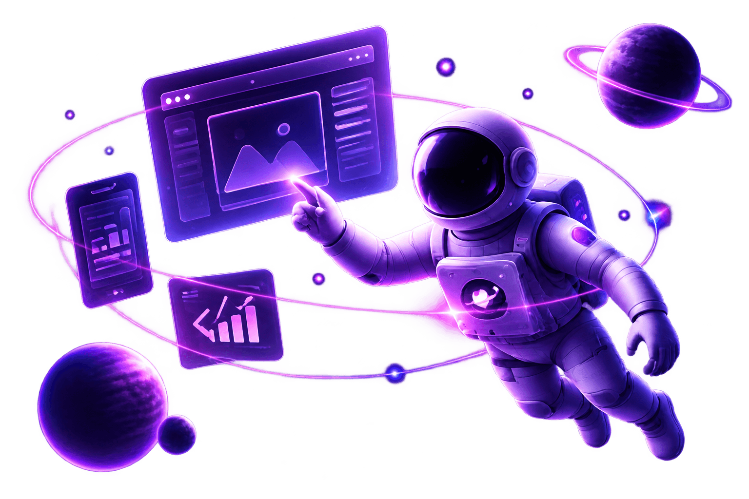 Astronaut exploring digital interfaces in space
